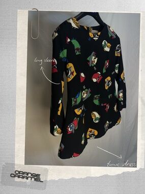 Orange Caramel Black Graphic Bird Print Long Sleeve Top Abstract Art Print
